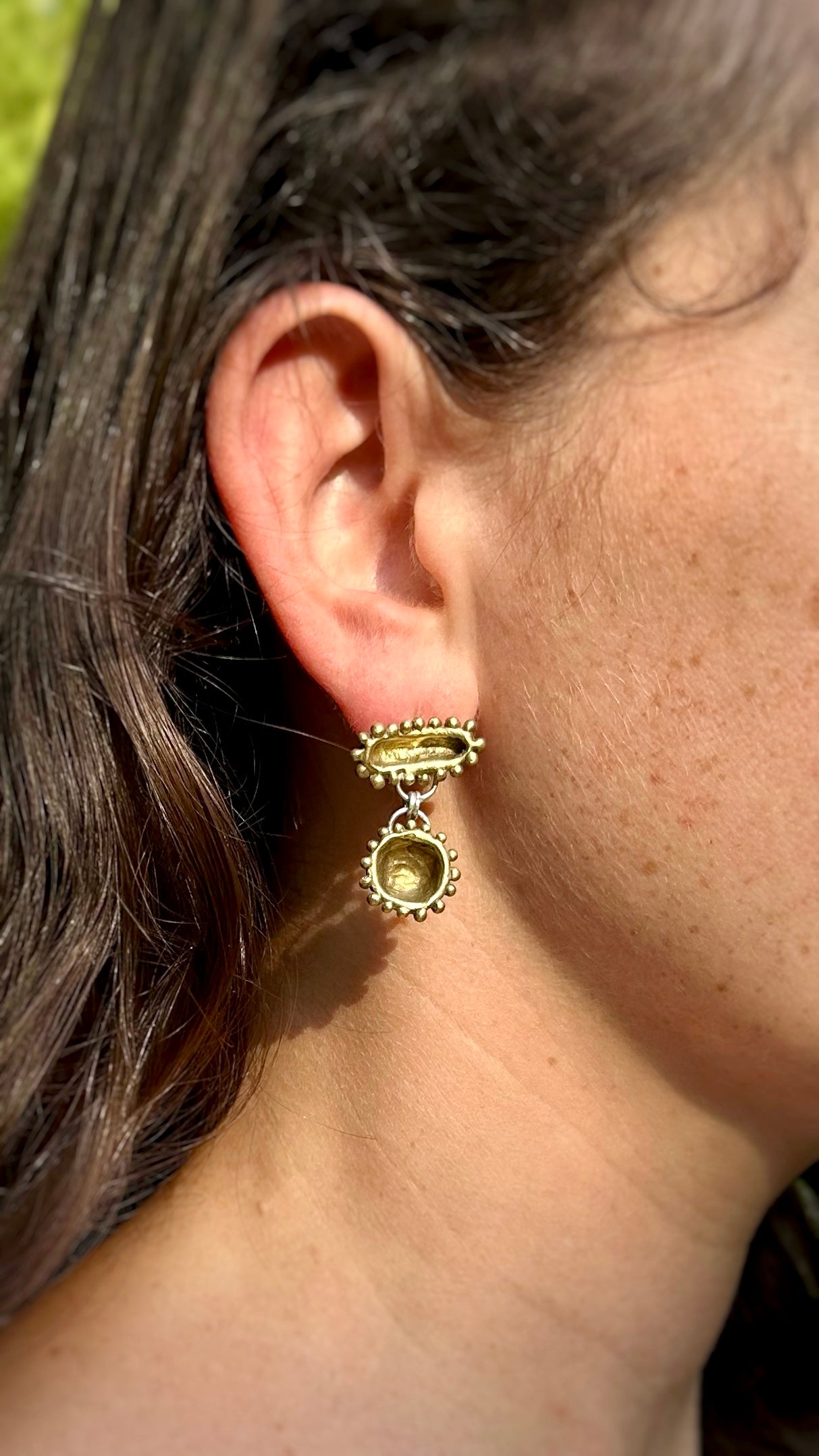 Mismatched Cell Stud Drop Earrings, Bronze