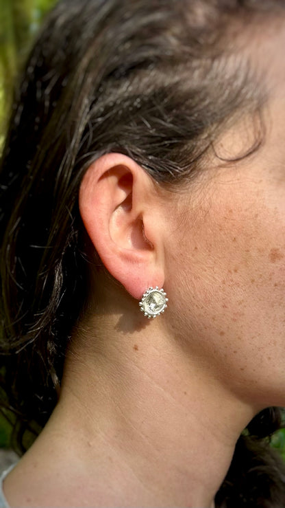 Circular Cell Stud Earrings, Bright Silver